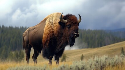A majestic bison stands prominently in a lush green field, surrounded by trees that create a serene natural backdrop.