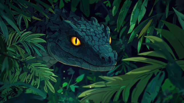 A vividly colored reptile with striking yellow eyes emerges from dense jungle greenery as night approaches, showcasing its camouflage and watchfulness in a vibrant setting