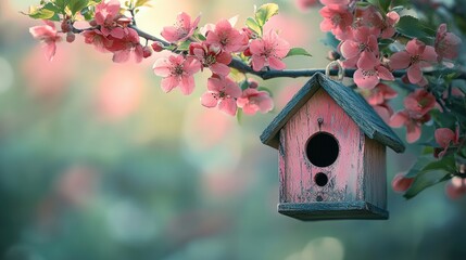 Pink birdhouse in blossoming spring tree
