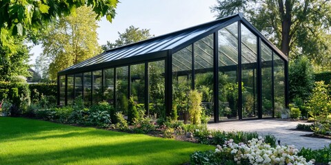Obraz premium Modern glass greenhouse in garden. Use Home gardening