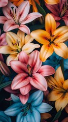 Fototapeta premium Blooming lilies display an array of vibrant colors, featuring intricate details and large, elegant petals. Their striking patterns create a stunning visual feast for nature lovers.