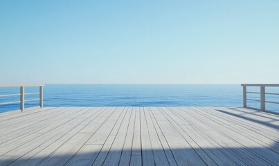 Obraz premium Empty wooden deck with a clear blue sky and calm ocean beyond, inviting serenity and relaxation