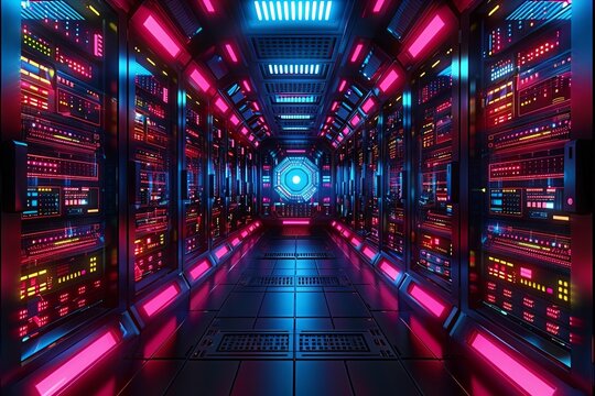 photo of a futuristic server room with glowing servers and computer screens displaying complex data analysis, representing the concept of a data warehouse and relational database tables.