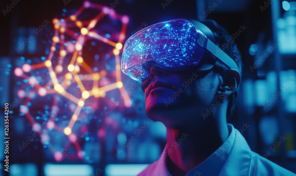 Poster a laboratory scientist wearing vr glasses immersed in a glowing 3d simulation of molecular structure