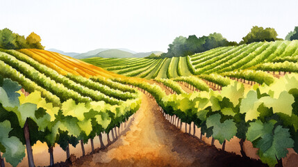 Fototapeta premium Layered rolling vineyards with vibrant greens and earthy tones stretch across landscape, bathed warm sunlight. lush grapevines follow gentle curves of hills, creating serene and picturesque scene