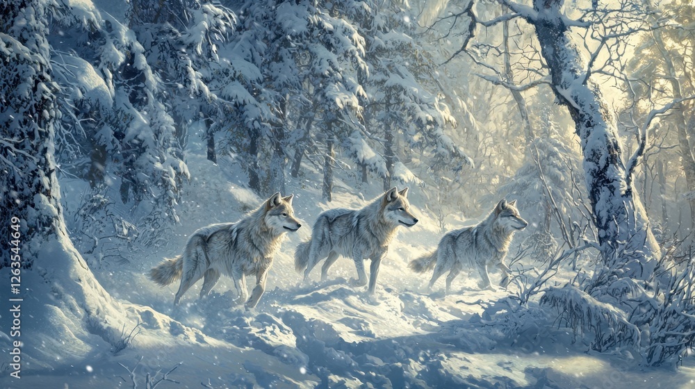 Poster a captivating winter landscape features three wolves traversing a snowy forest. soft sunlight filter