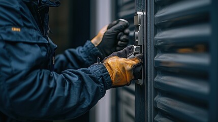 Gloved hands operate a metal door lock, symbolising access or security challenges. Ideal for illustrating safety, construction, or property management themes.