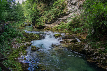 Vintgar gorge amazing cayon with river, rocks and nature, wooden foodpaths leads through wild natural reserve