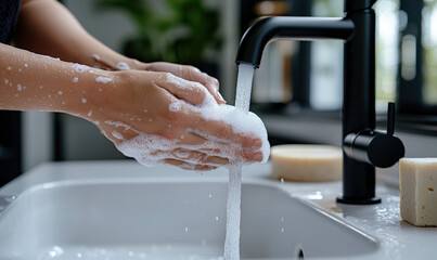 Close-Up of Hands Washing with Soap Under Water Flow in Modern Kitchen Sink Prioritizing Hygiene and Cleanliness in Contemporary Home Environment