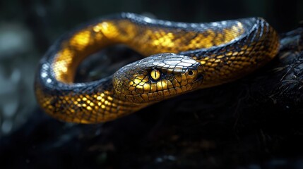 Obraz premium A striking snake with vibrant yellow and black scales rests on a branch in a lush jungle. Soft light filters through the leaves, highlighting the snake's intricate patterns
