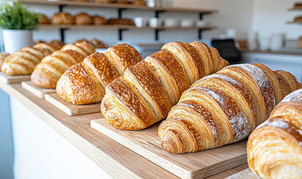 Freshly Baked Croissants on Wooden Display in Modern Bakery with Shelves of Artisan Bread and Bright Natural Light