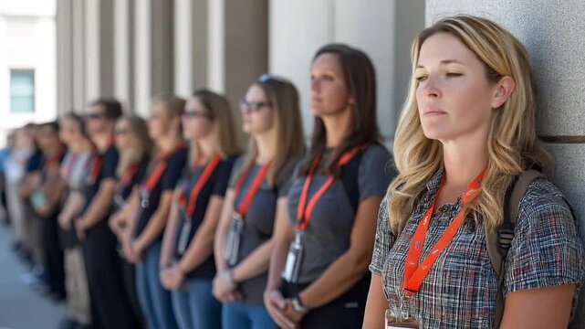 Young adult women stand attentively at a SAAM Day of Action event. Some lean against a pillar. They wear lanyards, signifying their participation in the sexual assault awareness initiative.