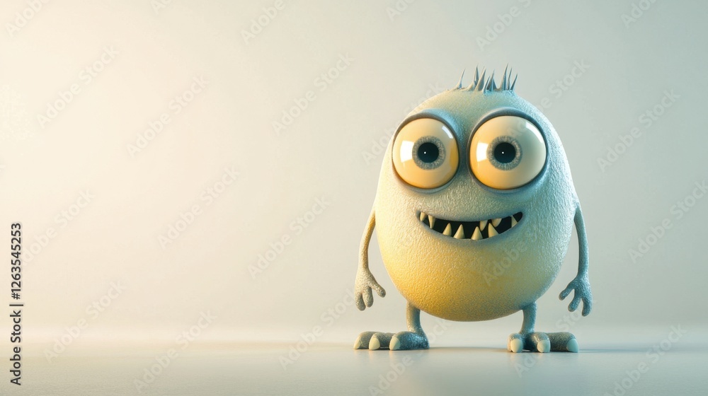 Poster a blue animated character with large eyes and a big smile stands confidently on a smooth surface, il