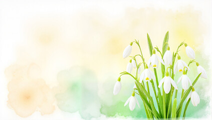 Fototapeta premium Whimsical watercolor illustration of snowdrop flowers, early spring elegance