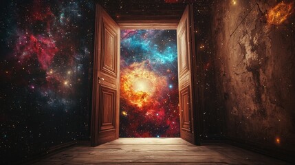A weathered wooden door stands ajar, leading to a breathtaking cosmic landscape filled with vibrant galaxies and twinkling stars