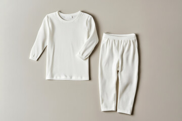 Mockup of a kids' pajama set with a long-sleeve top and pants. Soft white fabric with a smooth texture. Flat lay on a beige background with soft lighting, perfect for showcasing prints and branding.