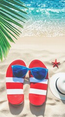 Naklejka premium Beach vacation flip-flops, sunglasses, hat on sand