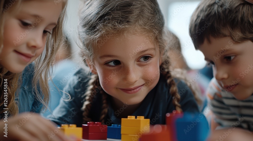 Poster three children focus intently as they build structures with colorful blocks in a bright classroom, s