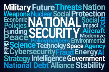 National Security Word Cloud on Blue Background