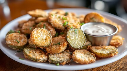 A plate of crispy fried pickles served with a side of ranch dipping sauce