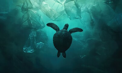 Obraz premium Turtle swimming through plastic bags in the ocean, a stark representation of marine pollution, Turtle and plastic, ocean pollution