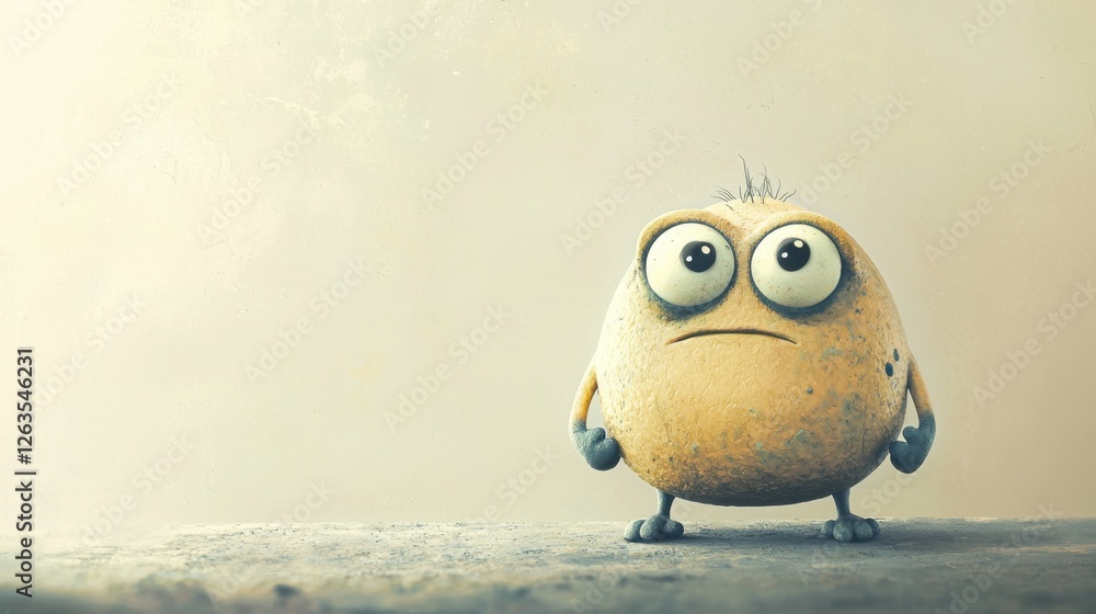 Poster a small yellow character with big eyes and a round body stands on a textured surface, gazing inquisi