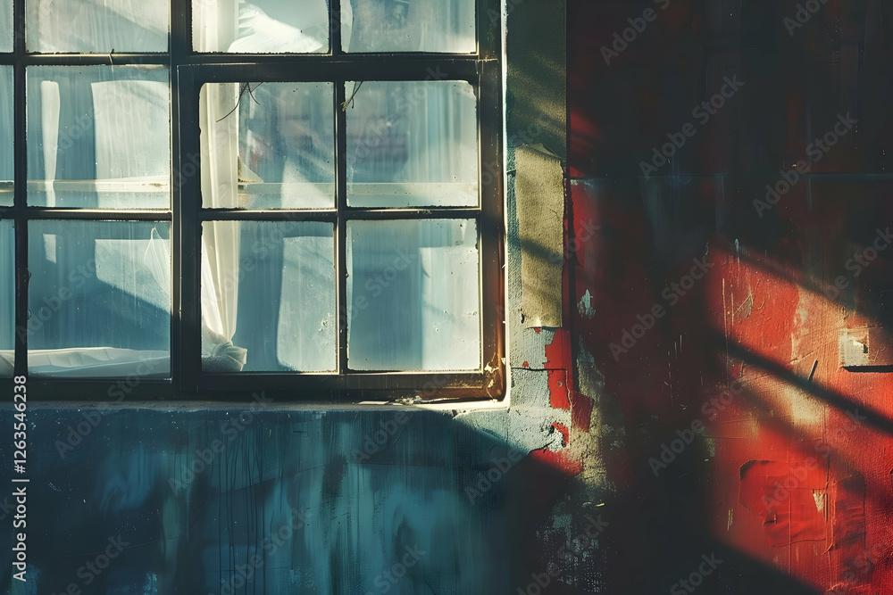 Poster sunlight streaming through a weathered window, casting shadows on a colorful wall with textures