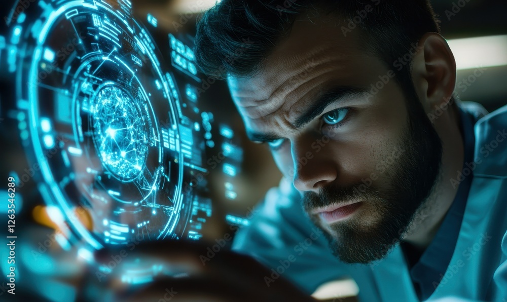 Poster close-up of a scientist analyzing a glowing digital hologram in a high-tech lab, sharp focus on futu