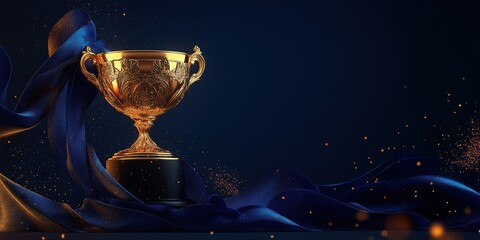 A golden trophy rests atop a sleek black pedestal, set against a backdrop of billowing dark blue fabric capturing light and shadow gracefully