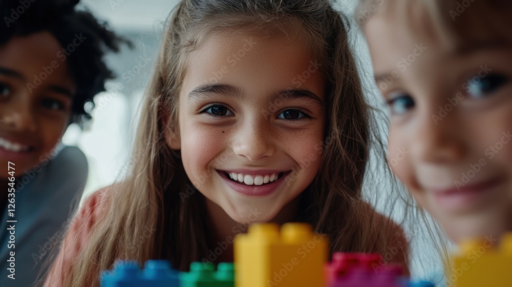 Poster three children smile and engage while building with colorful blocks in a bright indoor area. their c