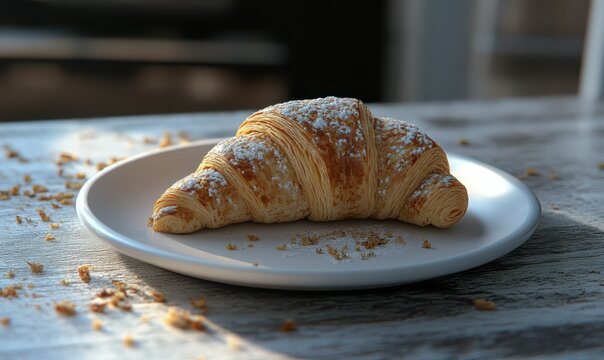 Classic French croissant on a crisp white plate with scattered crumbs, highlighting its flaky golden texture and artisanal quality