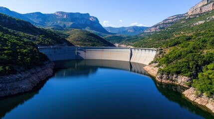 Fototapeta premium A large concrete dam stretches across a tranquil reservoir surrounded by lush green hills and rocky mountains, reflecting the bright blue sky on the water's surface