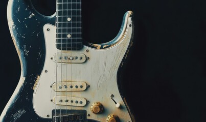 Close-up of an electric guitar resting on a dark background, dramatic lighting emphasizing the glossy surface and metallic strings