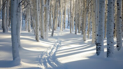 Obraz premium A tranquil winter landscape features a serene forest where fresh snow blankets the ground, and soft sunlight filters through tall trees. Footprints create a path leading into the woods