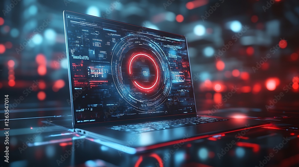 Poster futuristic laptop displaying a red circular interface with digital data on screen.