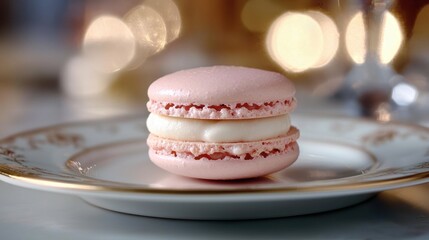 Fototapeta premium A pink macaron with creamy filling is placed on an ornate plate, illuminated by gentle bokeh lights, creating a warm and inviting atmosphere perfect for dessert lovers