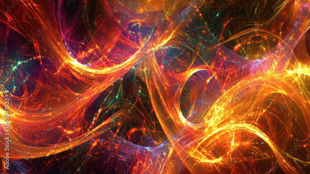 Poster a colorful abstract artwork displays intricate swirling patterns of light and energy. the vibrant hu