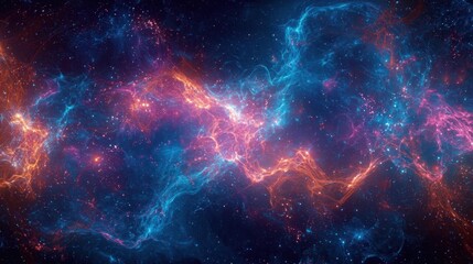 Obraz premium A stunning cosmic nebula showcases a blend of vibrant blue, pink, and orange hues, swirling together in a vast expanse of outer space. Stars twinkle amidst the colorful gases