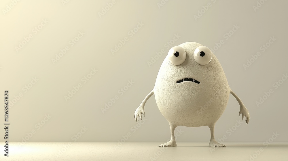 Poster a small round creature with a fluffy texture and large expressive eyes stands on a smooth surface. i