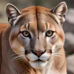 Obraz premium Focused mountain lion portrait, intense eyes and sharp whiskers against rugged scenery