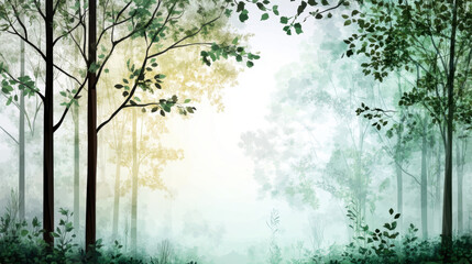 Misty forest with layered trees in soft grays and greens, creating tranquil and ethereal atmosphere. delicate foliage and diffused light enhance dreamy, peaceful mood of scene