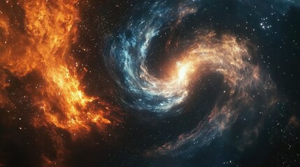 A stunning visual of a galaxy swirling with fiery orange and cool blue hues, set against a dark backdrop filled with distant stars. This cosmic phenomenon captures the beauty of space
