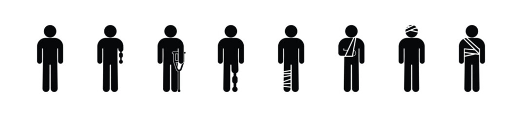 stickman icon set disabled, with bandaged man, injury illustration, stick figure people on crutches, person with prosthesis, medical icons, isolated on transparent
