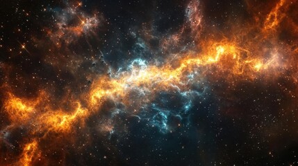 Fototapeta premium A stunning cosmic nebula showcases fiery orange and blue colors swirling amid dark space. This vibrant celestial display captures the beauty of the universe