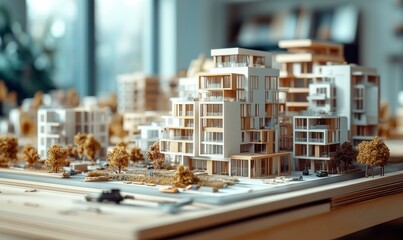 Close-up of miniature architectural models on a workbench, showcasing urban planning and innovation.