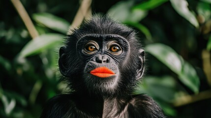 Obraz premium A monkey gazes curiously at the viewer with bright orange lipstick, surrounded by rich green foliage in a tropical forest during the day, showcasing its distinctive expression