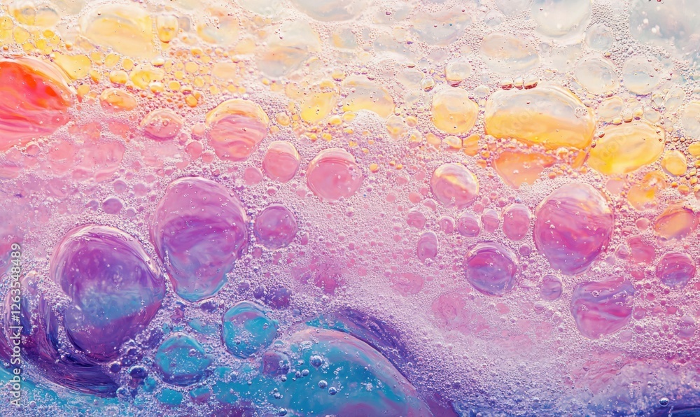 Poster delicate bubbles floating on the surface of soapy water, reflecting vibrant hues of light, creating 