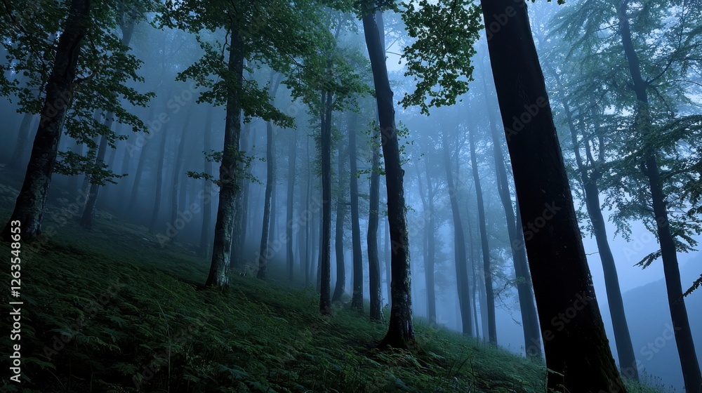 Poster dense trees rise through a thick mist in a tranquil forest at dawn. the soft light filters through t