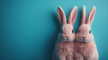 Two fluffy bunnies with adorable ears against a pastel blue background create a delightful and whimsical atmosphere perfect for spring celebrations