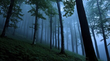 Dense trees rise through a thick mist in a tranquil forest at dawn. The soft light filters through the foliage, enhancing the serene and mystical ambiance